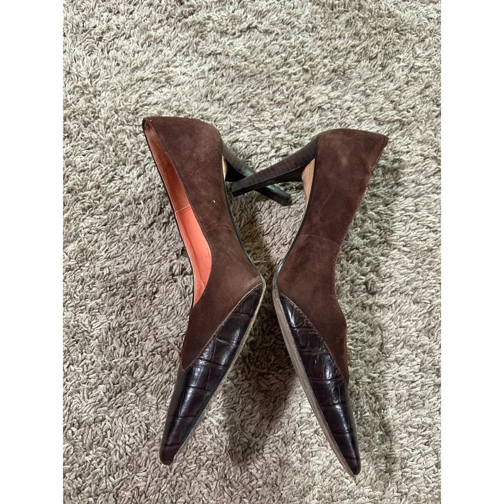 VTG Circa Joan & David Brown Suede Croc Embossed Pointed Toe Pumps Heels 8